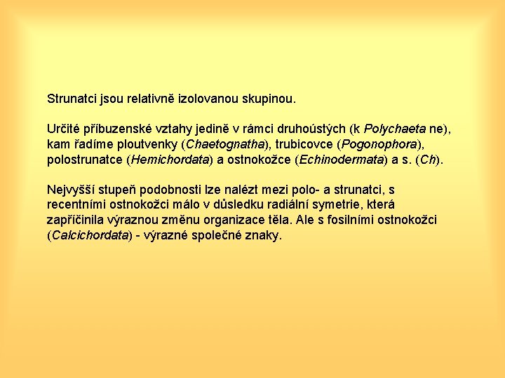 Strunatci jsou relativně izolovanou skupinou. Určité příbuzenské vztahy jedině v rámci druhoústých (k Polychaeta