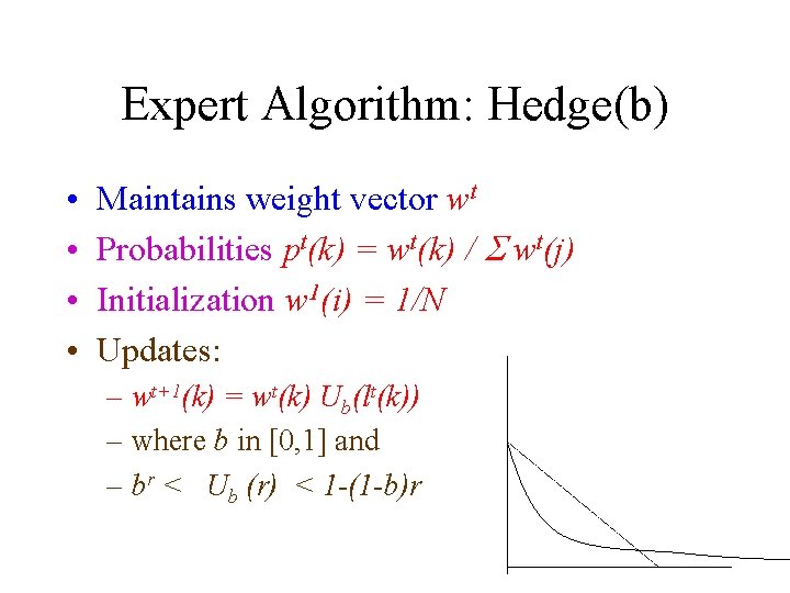 Expert Algorithm: Hedge(b) • • Maintains weight vector wt Probabilities pt(k) = wt(k) /