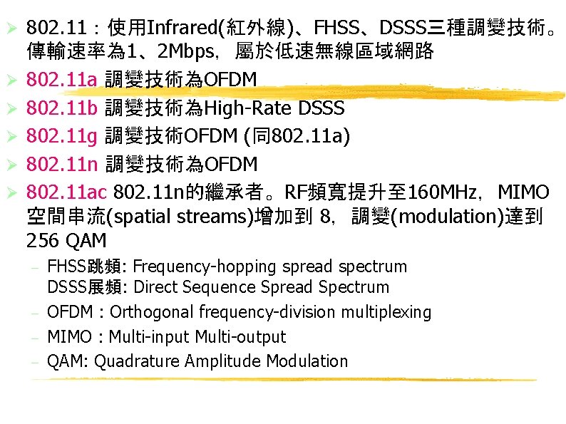  802. 11：使用Infrared(紅外線)、FHSS、DSSS三種調變技術。 傳輸速率為 1、2 Mbps，屬於低速無線區域網路 802. 11 a 調變技術為OFDM 802. 11 b 調變技術為High-Rate