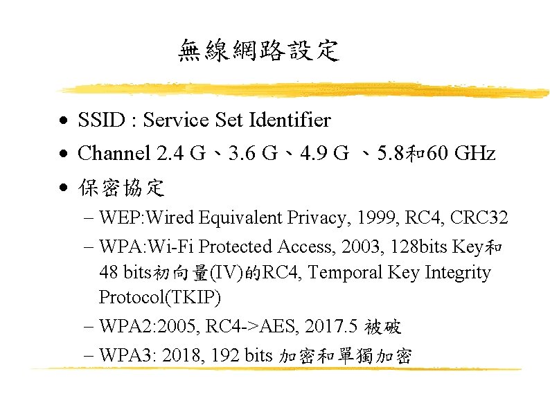 無線網路設定 SSID : Service Set Identifier Channel 2. 4 G、3. 6 G、4. 9 G