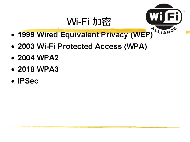 Wi-Fi 加密 1999 Wired Equivalent Privacy (WEP) 2003 Wi-Fi Protected Access (WPA) 2004 WPA