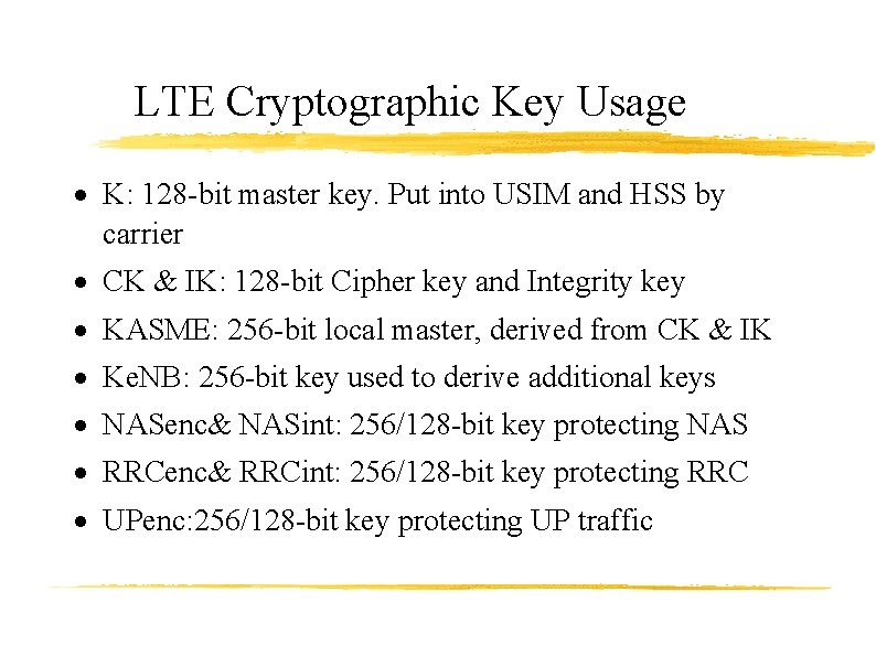 LTE Cryptographic Key Usage K: 128 -bit master key. Put into USIM and HSS