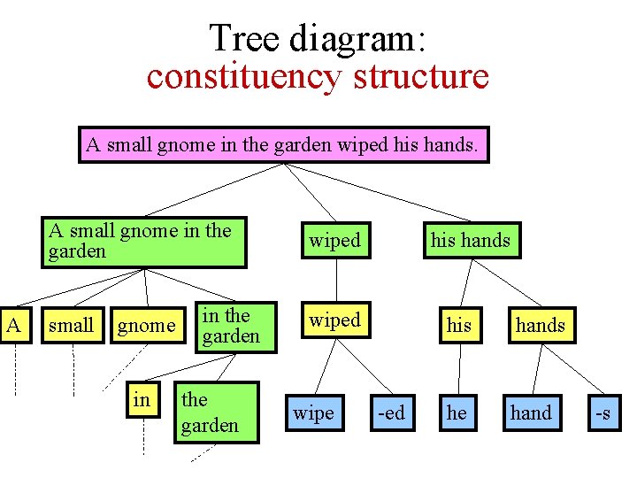 Tree diagram: constituency structure A small gnome in the garden wiped his hands. A