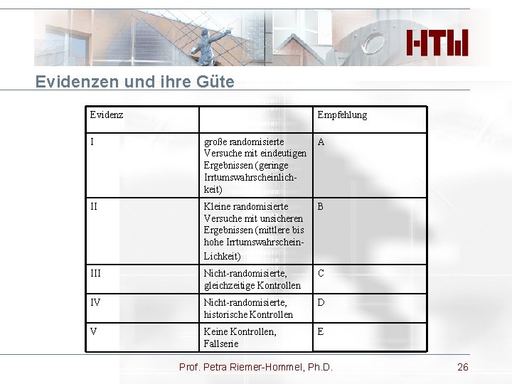 Evidenzen und ihre Güte Evidenz Empfehlung I große randomisierte Versuche mit eindeutigen Ergebnissen (geringe