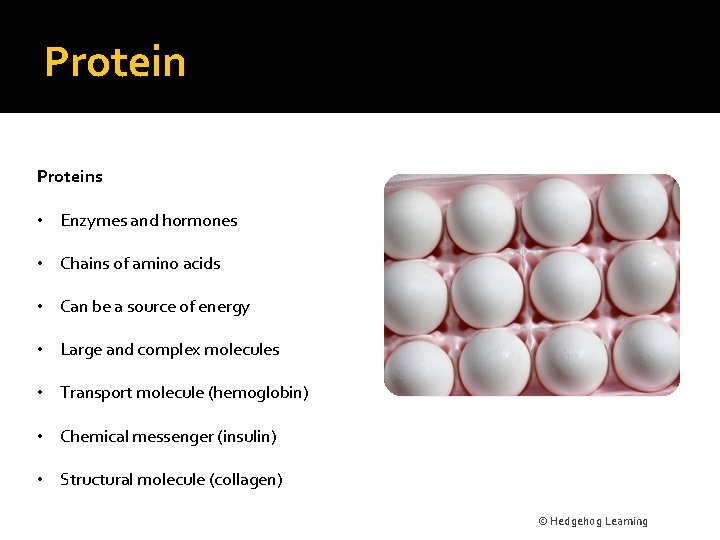Proteins • Enzymes and hormones • Chains of amino acids • Can be a