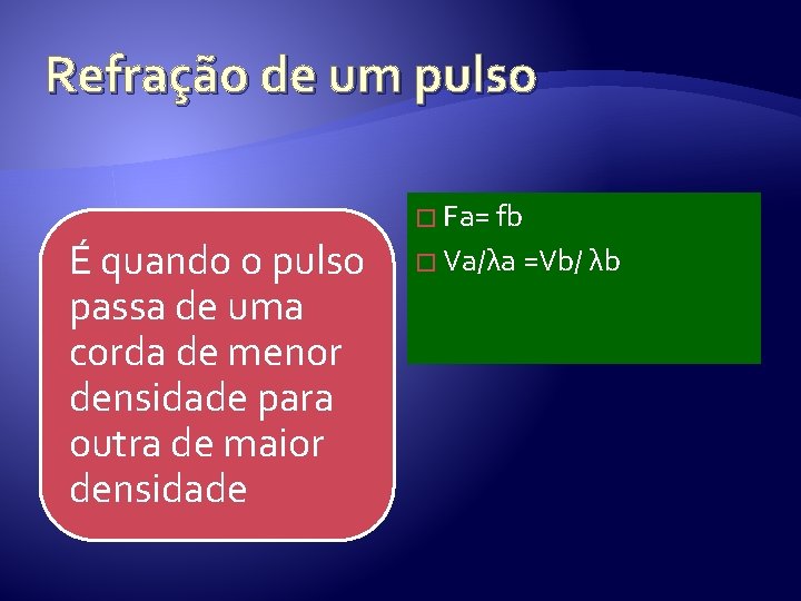 Refração de um pulso É quando o pulso passa de uma corda de menor Refração de um pulso É quando o pulso passa de uma corda de menor