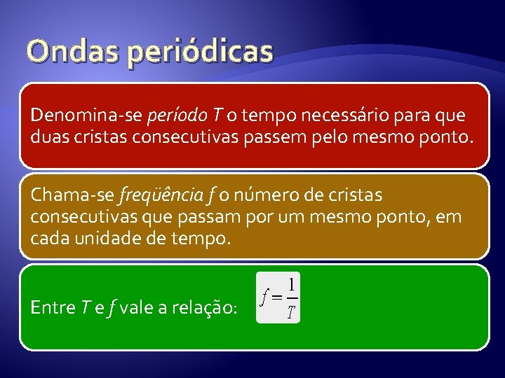 Ondas periódicas Denomina-se período T o tempo necessário para que duas cristas consecutivas passem Ondas periódicas Denomina-se período T o tempo necessário para que duas cristas consecutivas passem