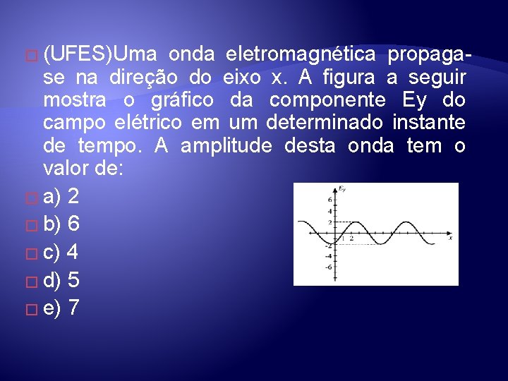 � (UFES)Uma onda eletromagnética propagase na direção do eixo x. A figura a seguir � (UFES)Uma onda eletromagnética propagase na direção do eixo x. A figura a seguir
