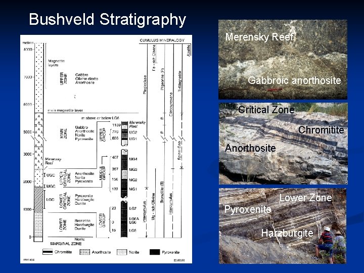 Bushveld Stratigraphy Merensky Reef Gabbroic anorthosite Critical Zone Chromitite Anorthosite Lower Zone Pyroxenite Harzburgite