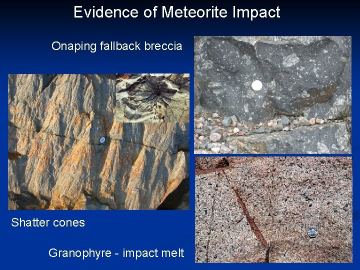 Evidence of Meteorite Impact Onaping fallback breccia Shatter cones Granophyre - impact melt 