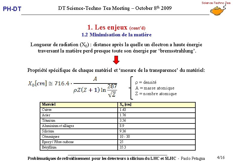 Science-Techno Tea PH-DT DT Science-Techno Tea Meeting – October 8 th 2009 1. Les