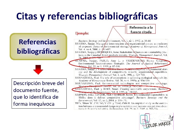 Citas y referencias bibliográficas Ejemplo: Referencias bibliográficas Descripción breve del documento fuente, que lo