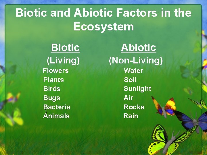 Biotic and Abiotic Factors in the Ecosystem Biotic (Living) Abiotic (Non-Living) Flowers Water Plants