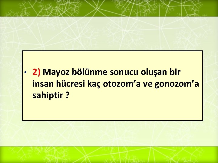  • 2) Mayoz bölünme sonucu oluşan bir insan hücresi kaç otozom’a ve gonozom’a