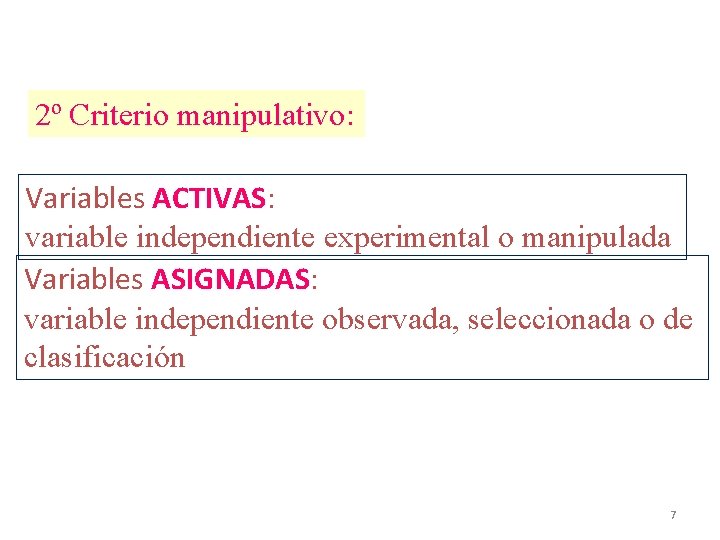 2º Criterio manipulativo: Variables ACTIVAS: variable independiente experimental o manipulada Variables ASIGNADAS: variable independiente