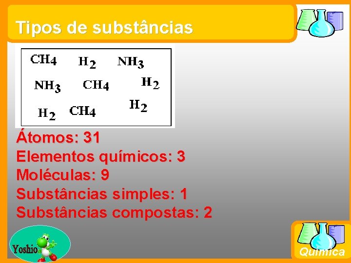 Tipos de substâncias Átomos: 31 Elementos químicos: 3 Moléculas: 9 Substâncias simples: 1 Substâncias