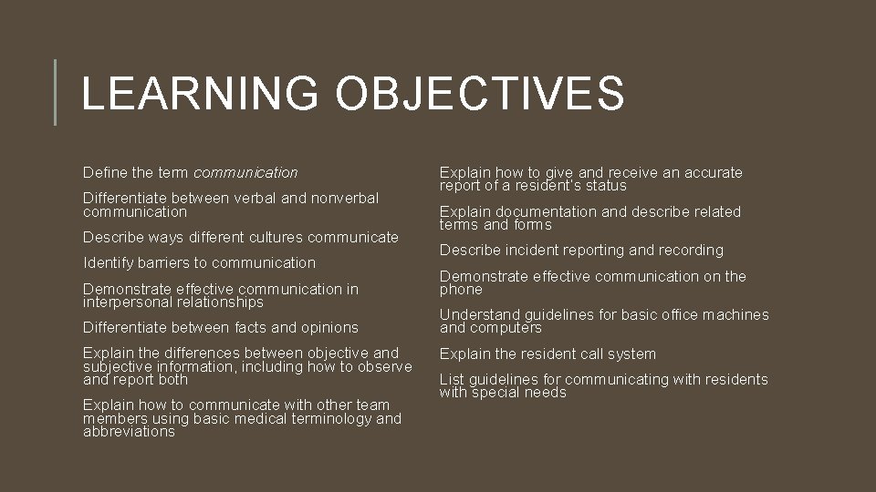 LEARNING OBJECTIVES Define the term communication Differentiate between verbal and nonverbal communication Describe ways