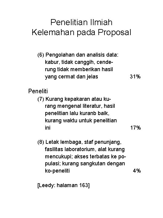 Penelitian Ilmiah Kelemahan pada Proposal (6) Pengolahan dan analisis data: kabur, tidak canggih, cenderung