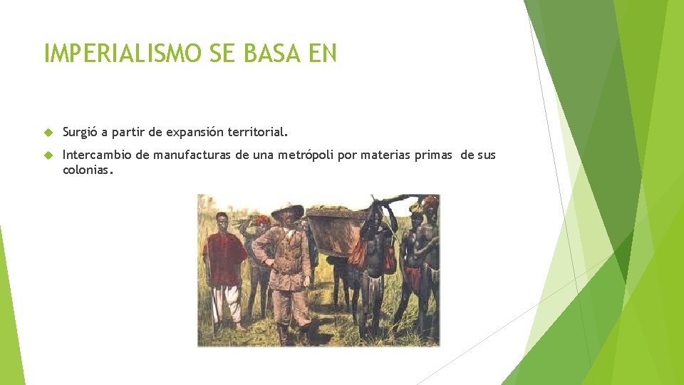 IMPERIALISMO SE BASA EN Surgió a partir de expansión territorial. Intercambio de manufacturas de