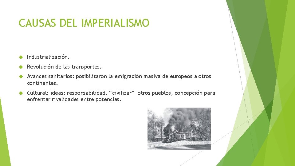 CAUSAS DEL IMPERIALISMO Industrialización. Revolución de las transportes. Avances sanitarios: posibilitaron la emigración masiva