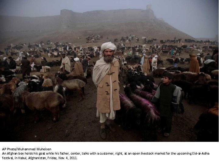 AP Photo/Muhammed Muheisen An Afghan boy holds his goat while his father, center, talks