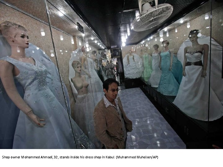 Shop owner Mohammed Ahmadi, 32, stands inside his dress shop in Kabul. (Muhammed Muheisen/AP)