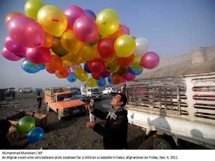 Muhammed Muheisen / AP An Afghan youth who sells balloons picks a balloon for
