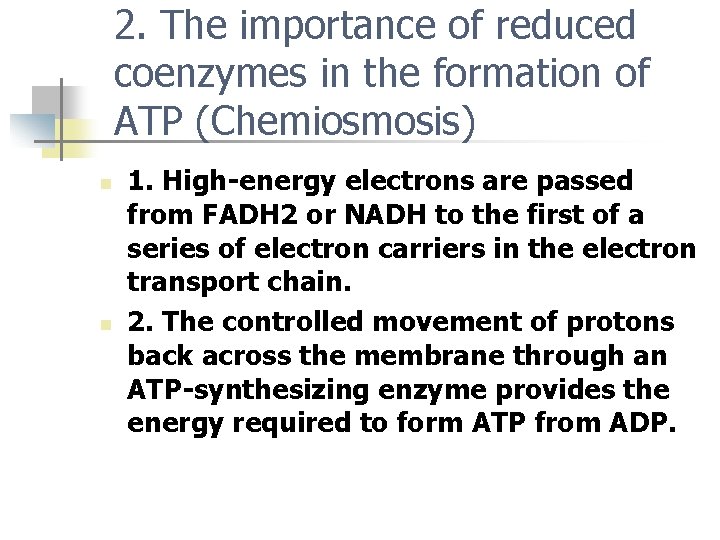 2. The importance of reduced coenzymes in the formation of ATP (Chemiosmosis) n n
