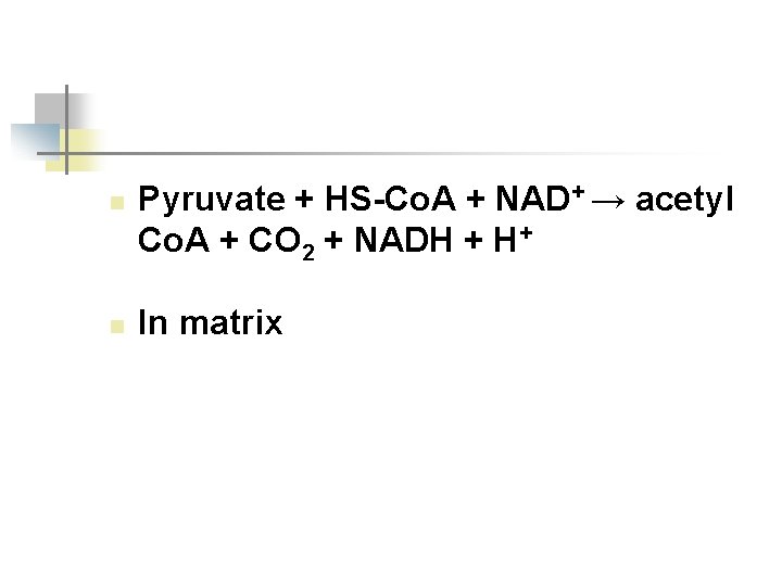 n n Pyruvate + HS-Co. A + NAD+ → acetyl Co. A + CO