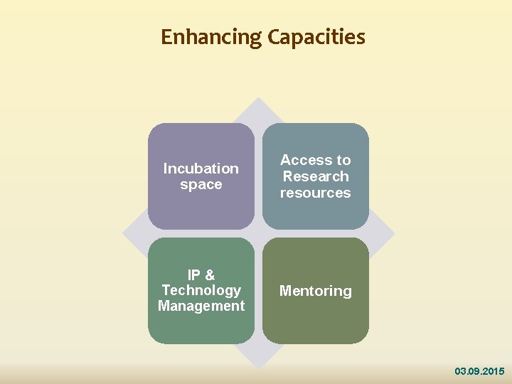 Enhancing Capacities Incubation space Access to Research resources IP & Technology Management Mentoring 03.