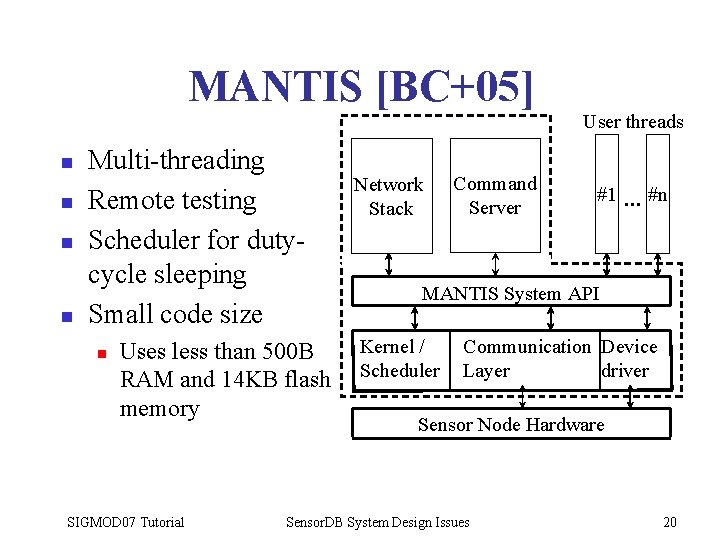 MANTIS [BC+05] User threads n n Multi-threading Remote testing Scheduler for dutycycle sleeping Small