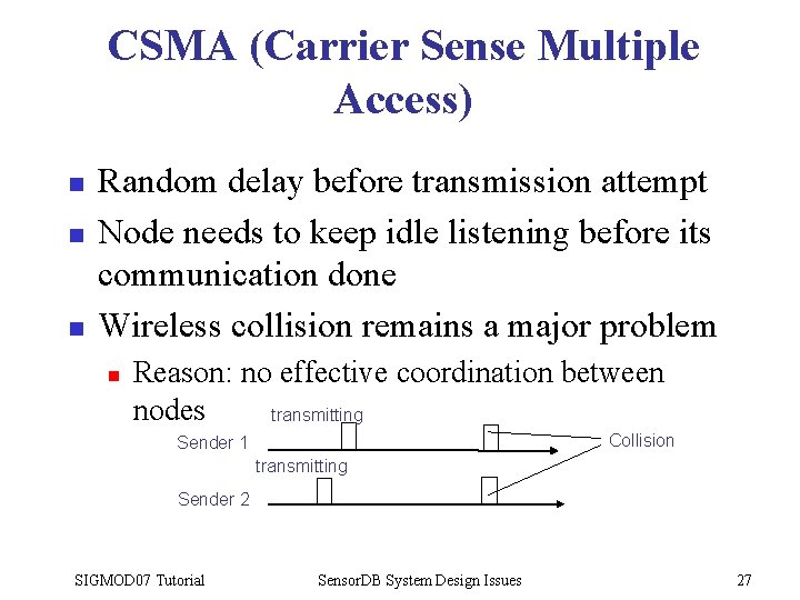 CSMA (Carrier Sense Multiple Access) n n n Random delay before transmission attempt Node