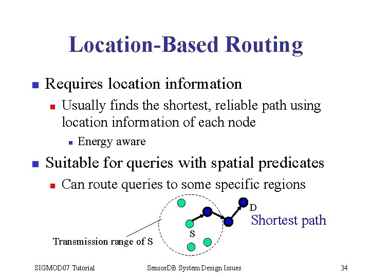 Location-Based Routing n Requires location information n Usually finds the shortest, reliable path using