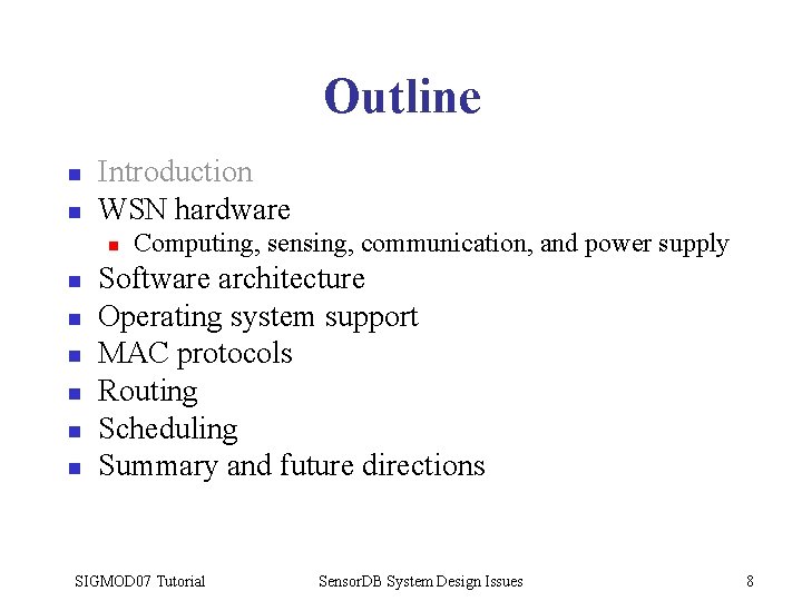 Outline n n Introduction WSN hardware n n n n Computing, sensing, communication, and