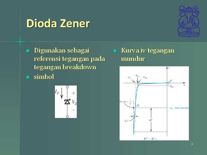 Dioda Zener n n Digunakan sebagai referensi tegangan pada tegangan breakdown simbol n Kurva