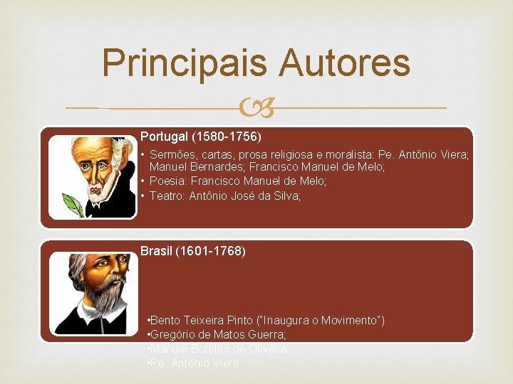 Principais Autores Portugal (1580 -1756) • Sermões, cartas, prosa religiosa e moralista: Pe. Antônio