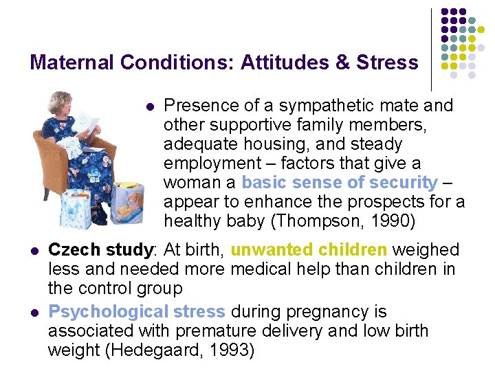 Maternal Conditions: Attitudes & Stress l l l Presence of a sympathetic mate and