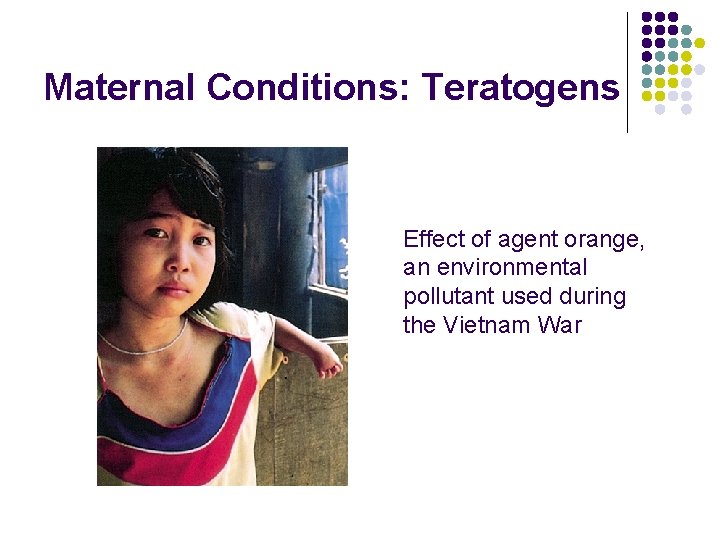 Maternal Conditions: Teratogens Effect of agent orange, an environmental pollutant used during the Vietnam