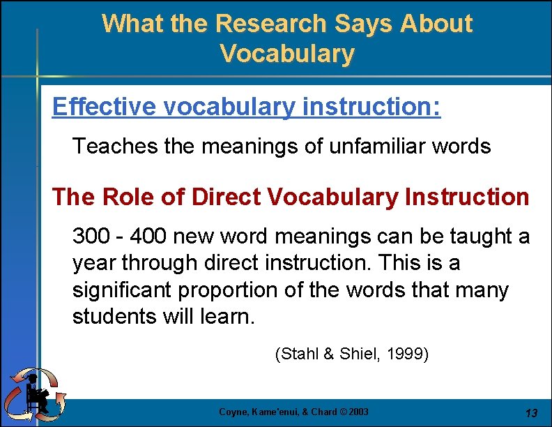 What the Research Says About Vocabulary Effective vocabulary instruction: Teaches the meanings of unfamiliar