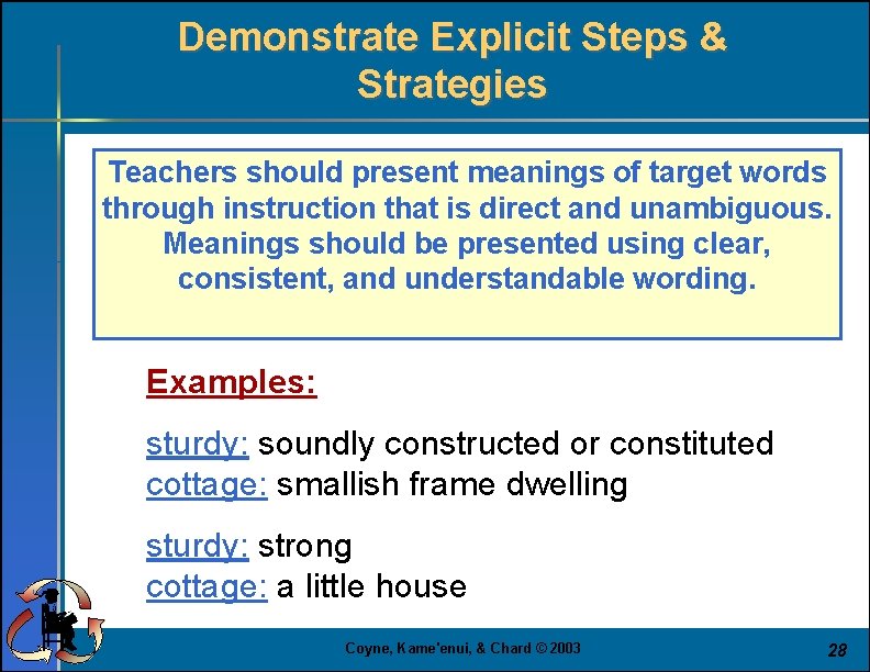 Demonstrate Explicit Steps & Strategies Teachers should present meanings of target words through instruction