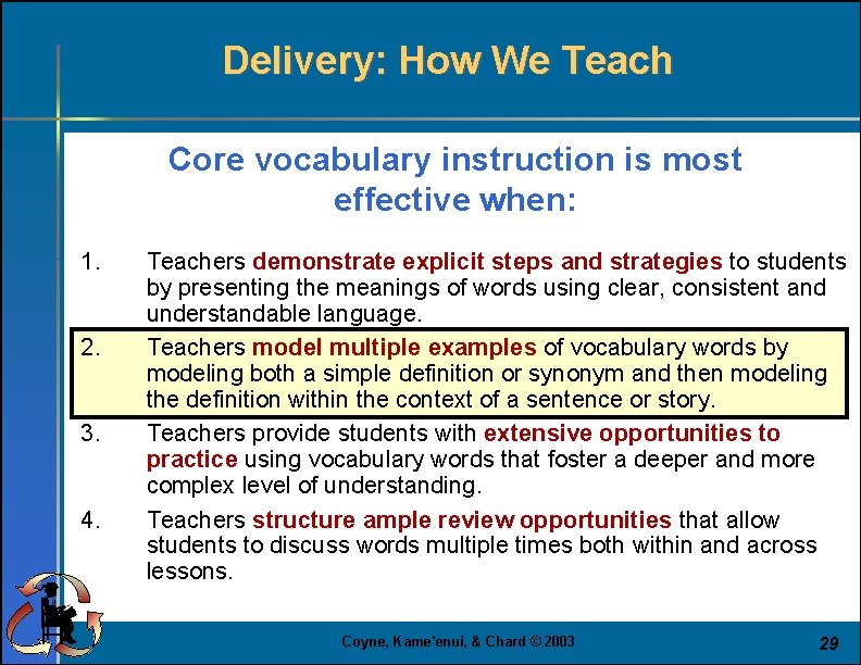 Delivery: How We Teach Core vocabulary instruction is most effective when: 1. 2. 3.