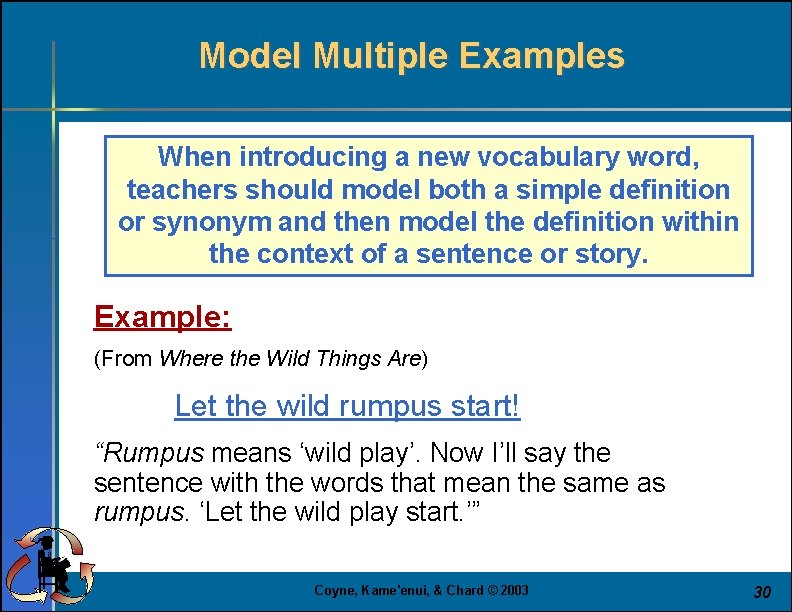 Model Multiple Examples When introducing a new vocabulary word, teachers should model both a