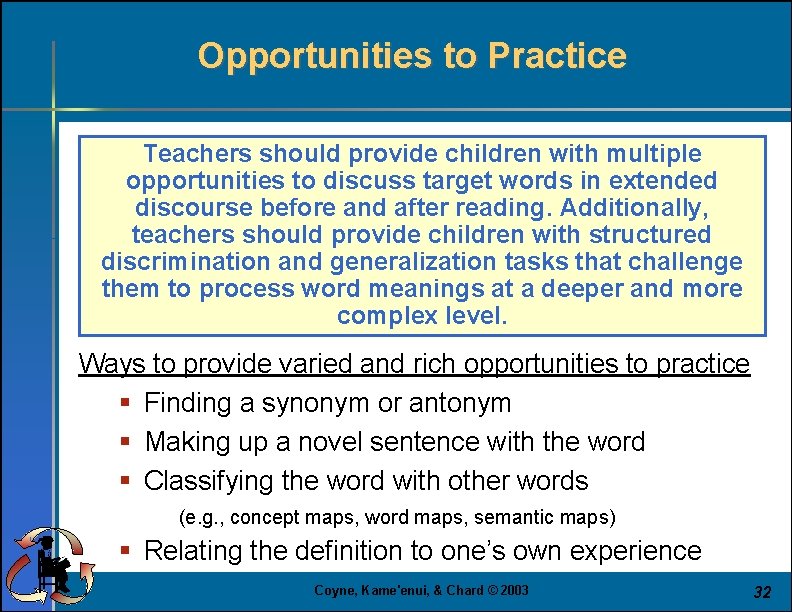 Opportunities to Practice Teachers should provide children with multiple opportunities to discuss target words