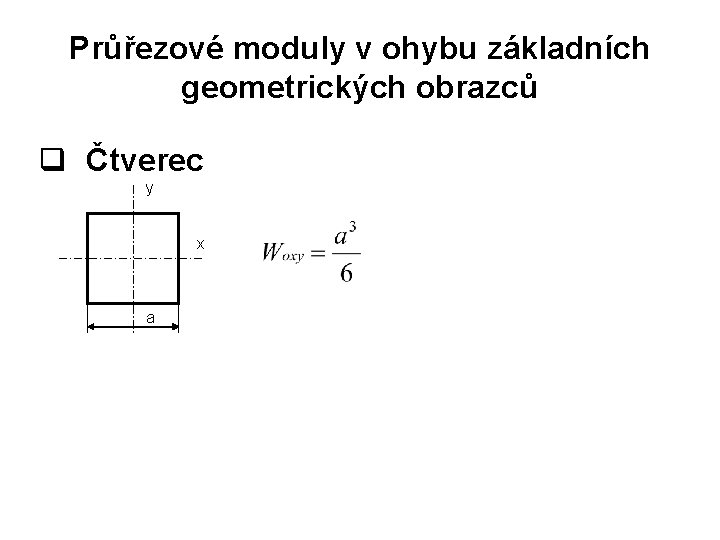 Průřezové moduly v ohybu základních geometrických obrazců q Čtverec y x a 