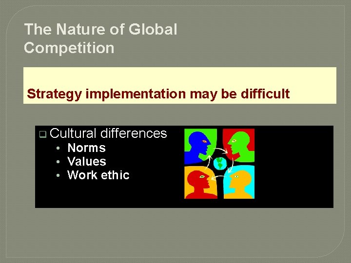 The Nature of Global Competition Strategy implementation may be difficult q Cultural differences •