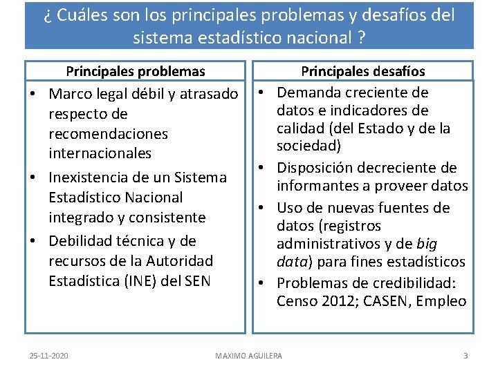 ¿ Cuáles son los principales problemas y desafíos del sistema estadístico nacional ? Principales