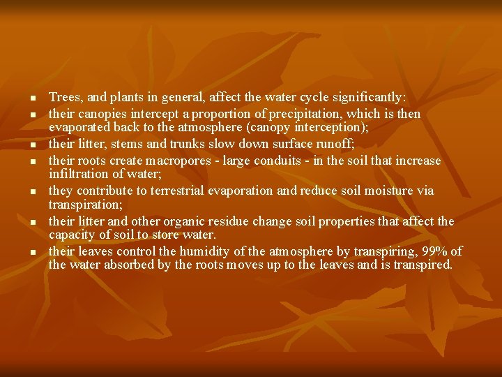n n n n Trees, and plants in general, affect the water cycle significantly: