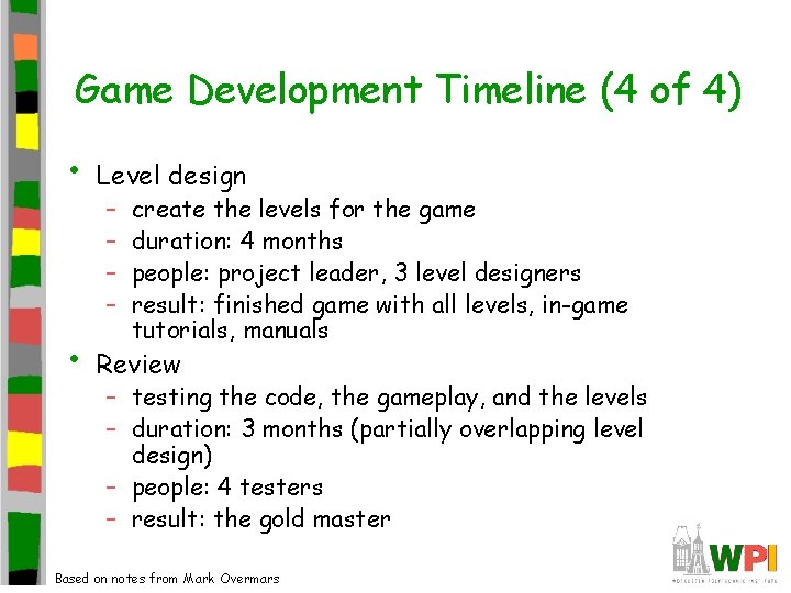 Game Development Timeline (4 of 4) • Level design • Review – – create