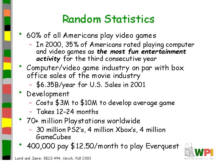 • • Random Statistics 60% of all Americans play video games – In