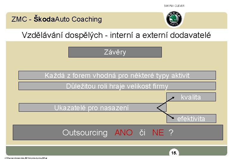 ZMC - Škoda. Auto Coaching Vzdělávání dospělých - interní a externí dodavatelé Závěry Každá